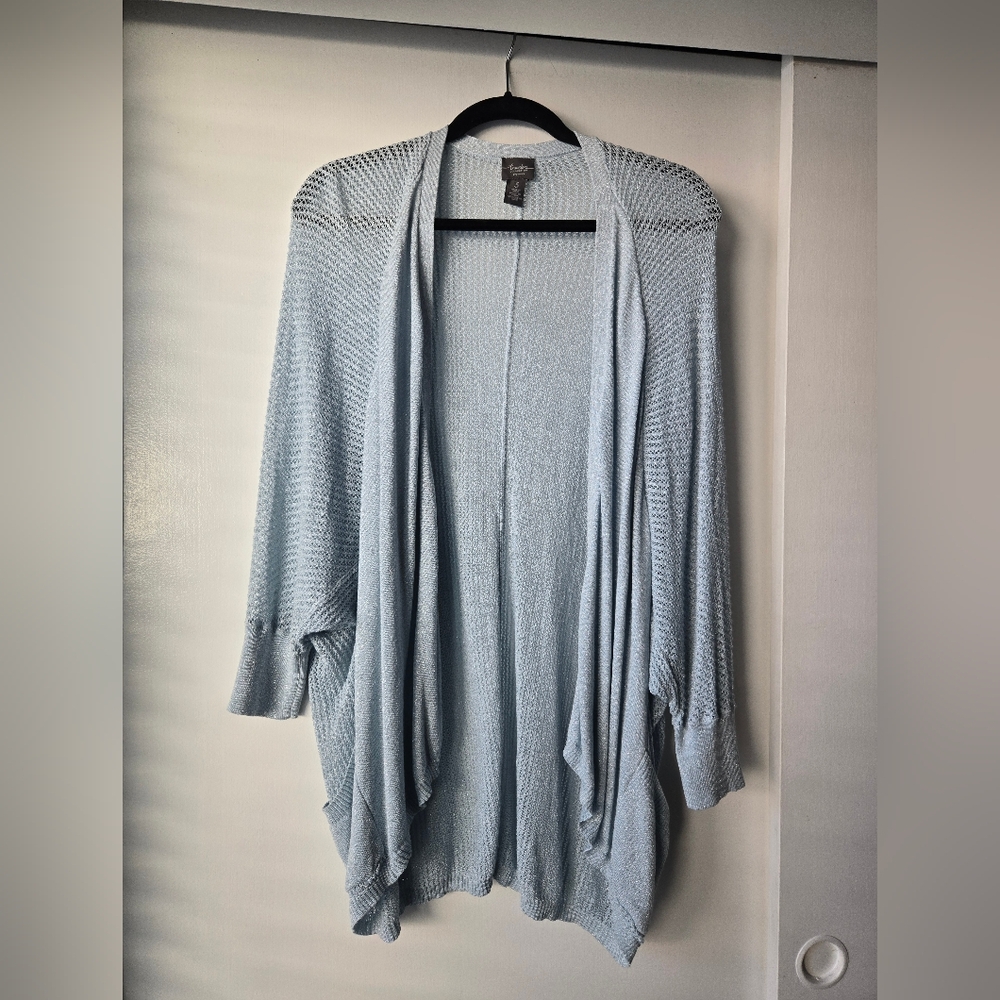 Chicos Travelers Light Blue, Slight Metallic Open-Front Cardigan-Size 3/ X Large
